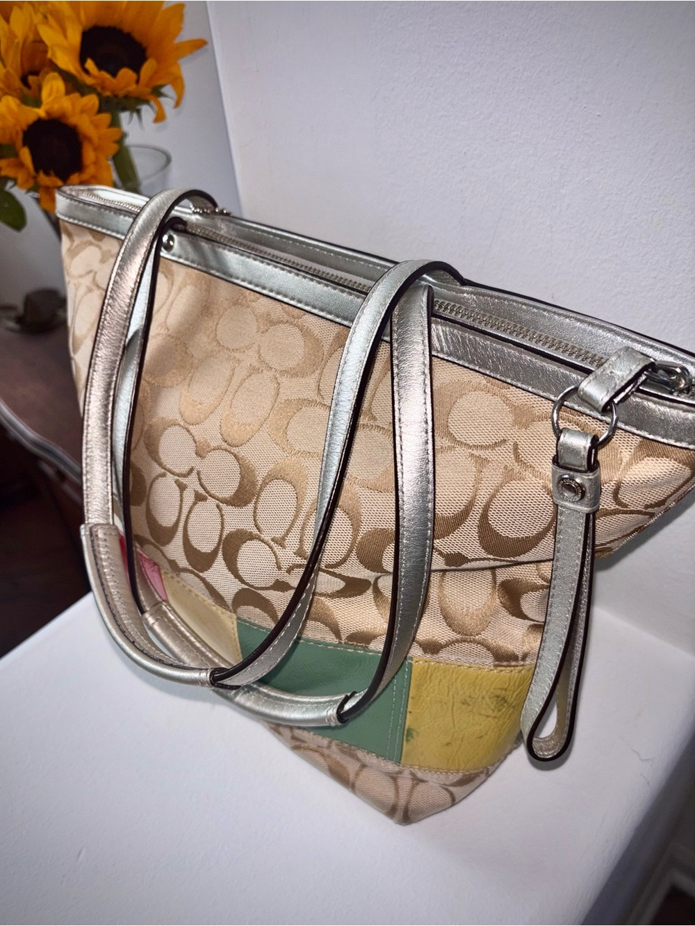 Coach Signature Stripe Tote Bag Khaki Multi Canvas Colorblock Tote Boho Chic - Picture 10 of 11